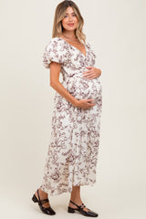 Cream Floral Puff Sleeve Pleated Bodice Maternity Maxi Dress