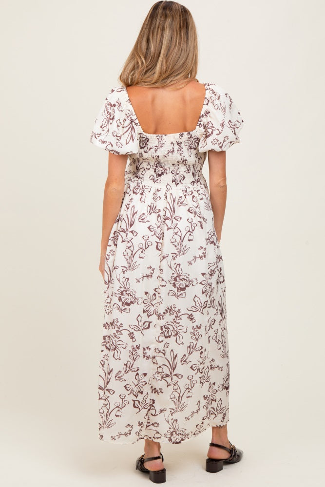 Cream Floral Puff Sleeve Pleated Bodice Maternity Maxi Dress