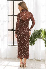 Mocha Polka Dot Mesh Overlay Midi Dress