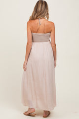 Beige Crochet Contrast Beaded Halter Neck Maternity Maxi Dress