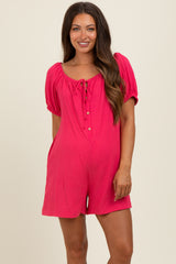 Fuchsia Button Up Front Tie Puff Sleeve Maternity Romper