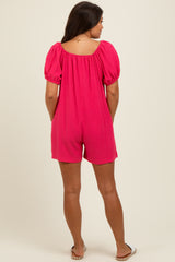 Fuchsia Button Up Front Tie Puff Sleeve Maternity Romper