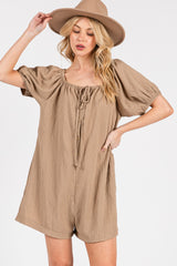 Mocha Button Up Front Tie Puff Sleeve Maternity Romper