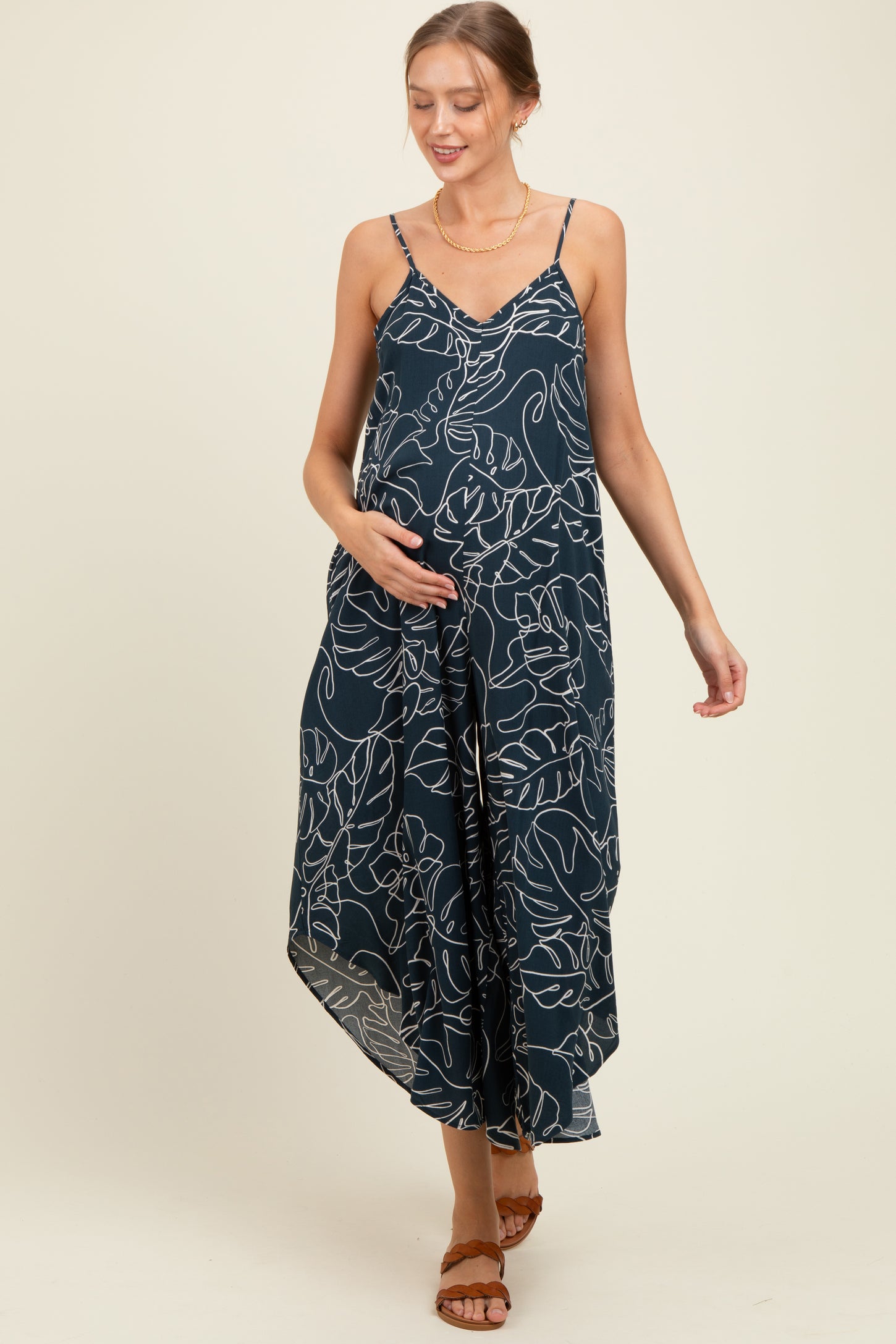 Charcoal Leaf Print Tulip Hem Maternity Jumpsuit