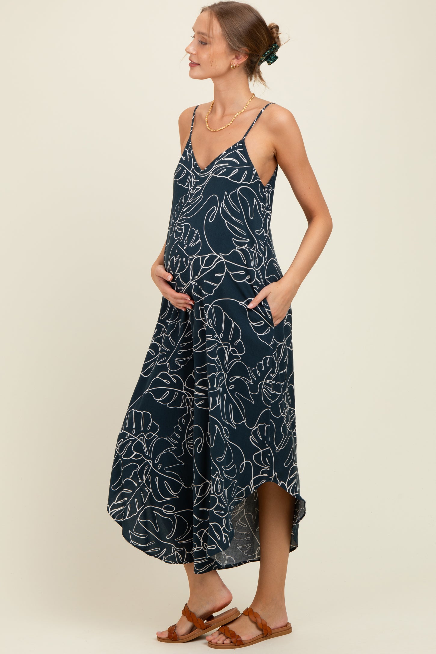 Charcoal Leaf Print Tulip Hem Maternity Jumpsuit