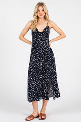 Navy Printed Front Twist Sleeveless Midi Dress