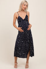 Navy Printed Front Twist Sleeveless Maternity Midi Dress
