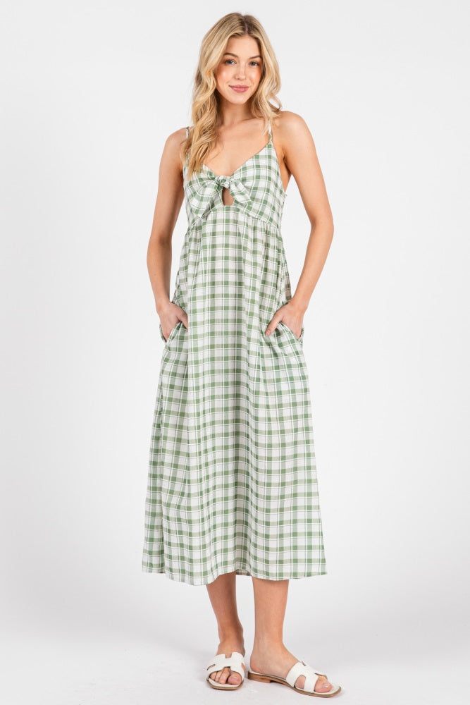 Green Checkered Plaid Front Tie Sleeveless Midi Dress