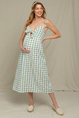 Green Checkered Plaid Front Tie Sleeveless Maternity Midi Dress