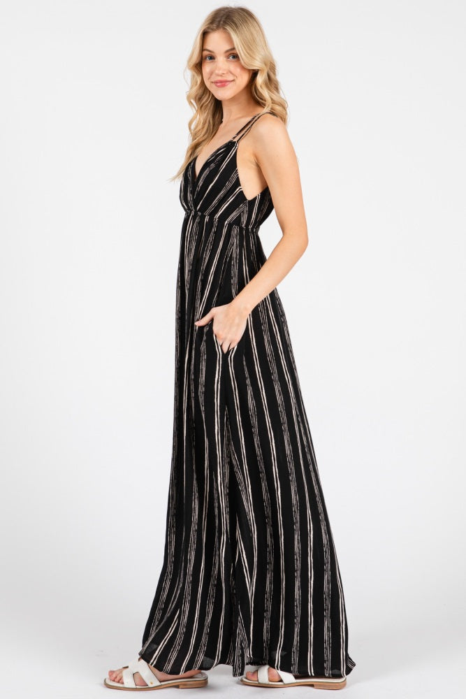 Black Striped Double Strap V-Neck Maxi Dress