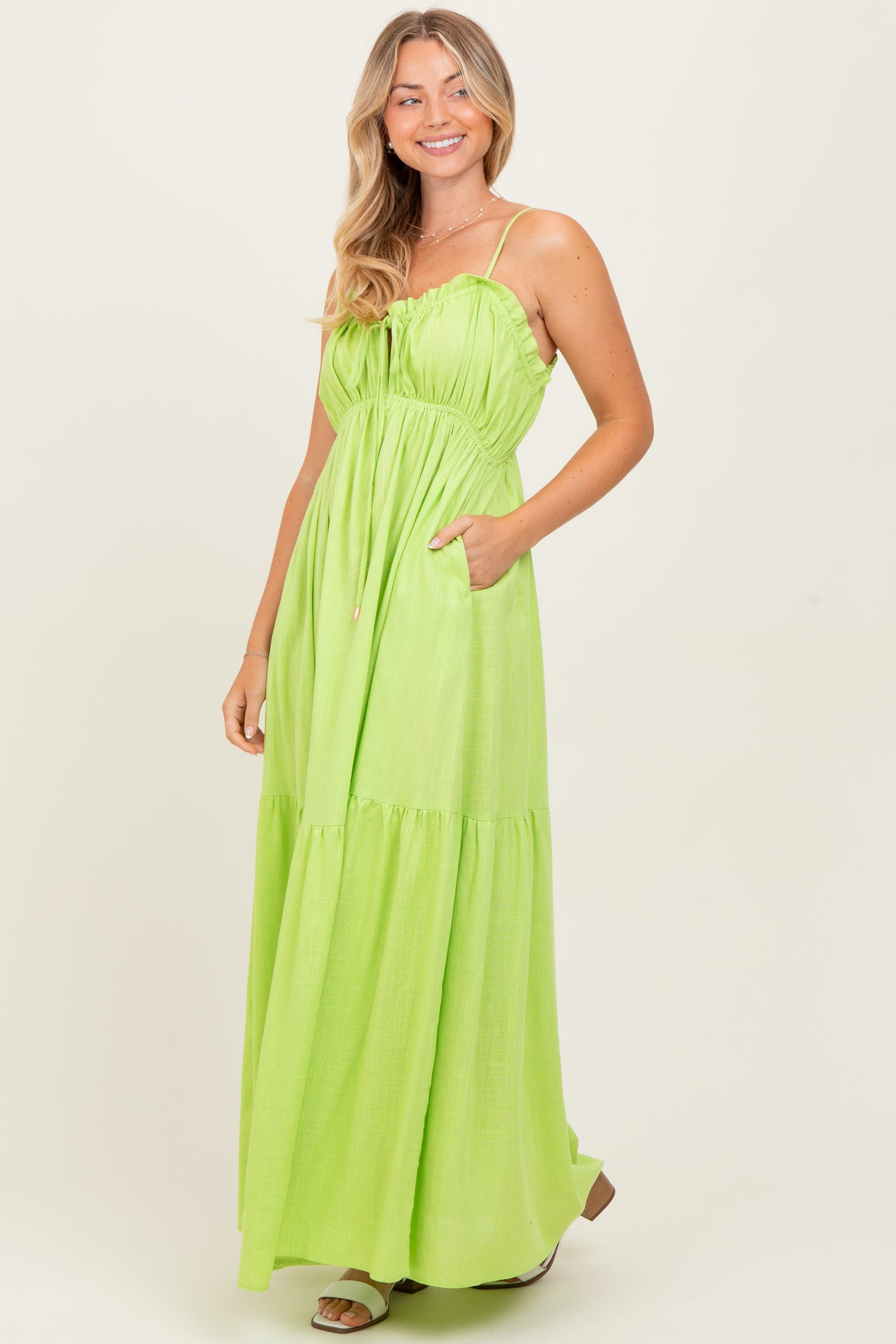 Lime Gathered Front Tie Maxi Dress