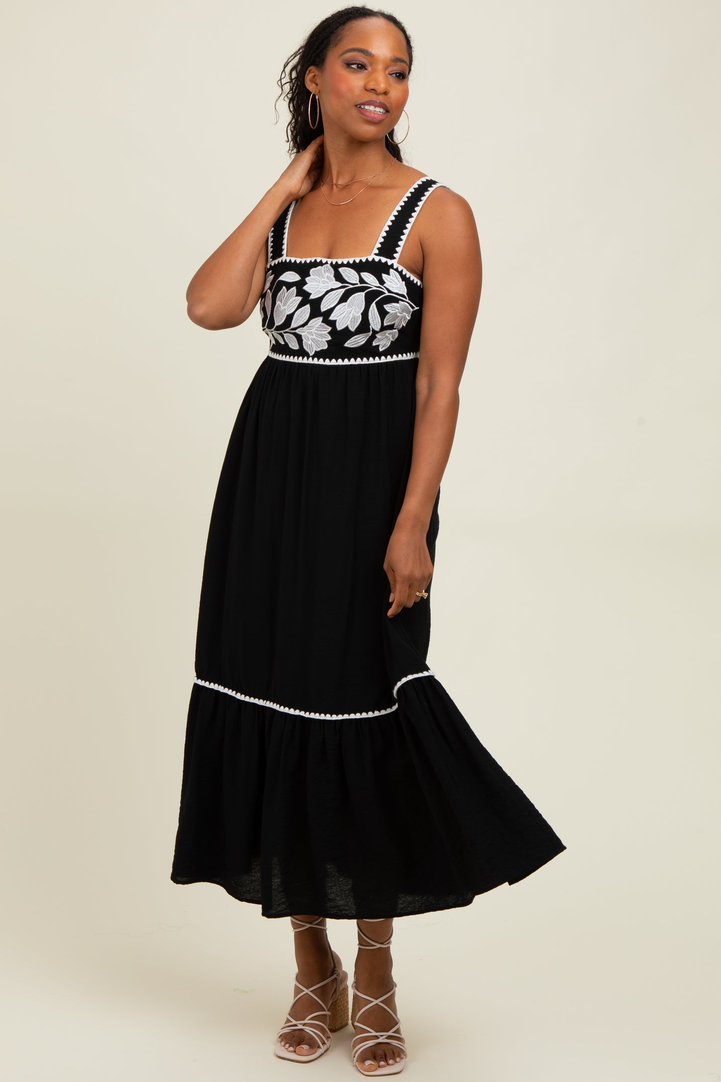Black Floral Embroidered Cutout Tie Back Midi Dress