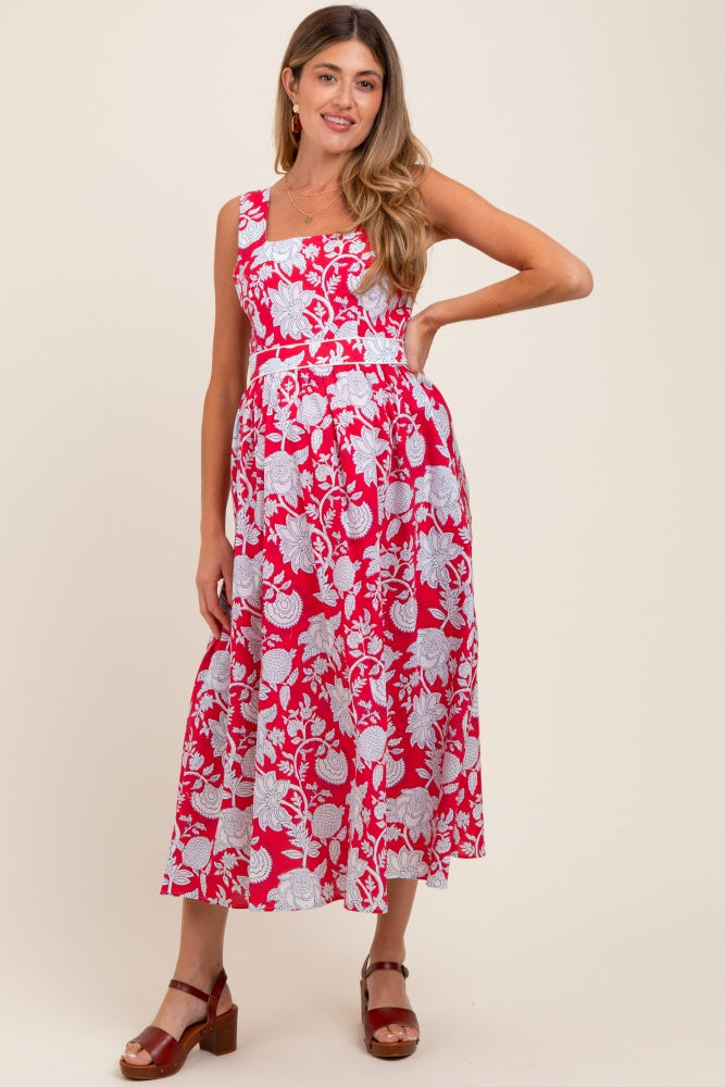 Red Floral Square Neck Sleeveless Maternity Midi Dress