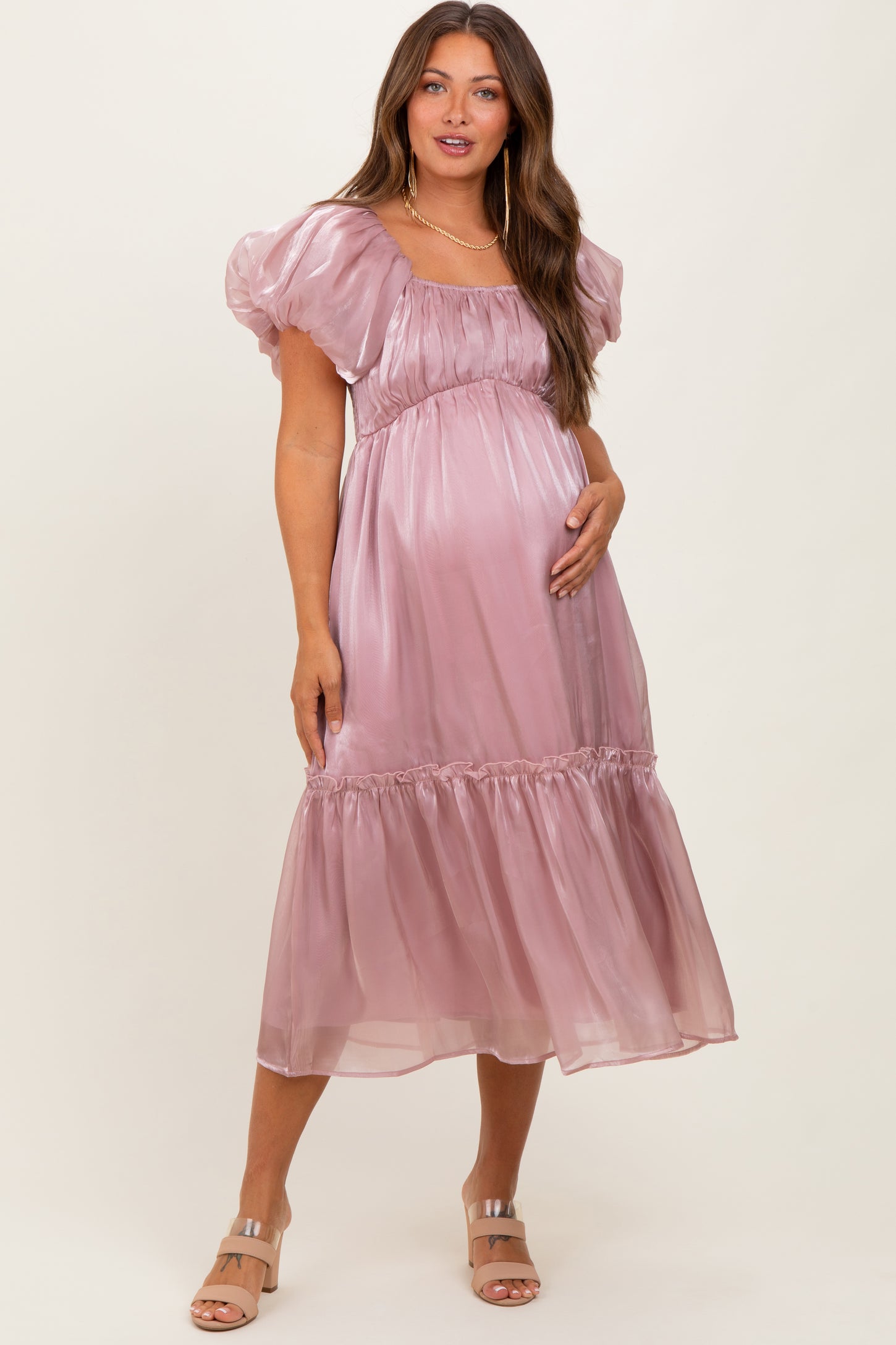 Pink Organza Puff Sleeve Maternity Midi Dress