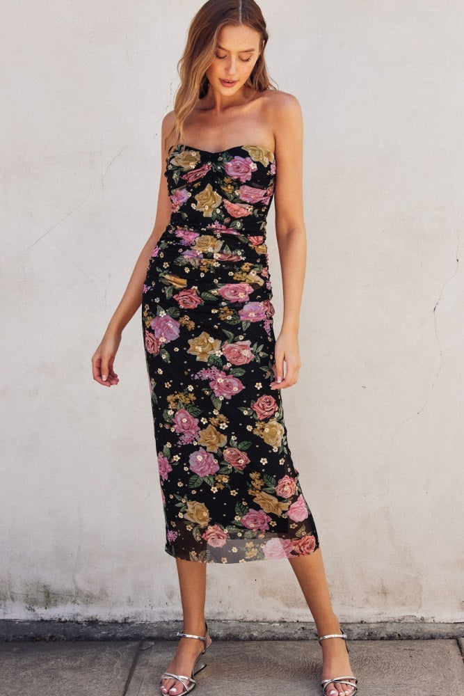 Black Floral Mesh Strapless Fitted Maternity Midi Dress