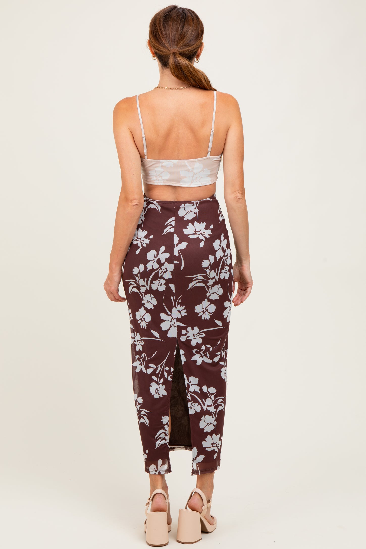 Brown Colorblock Floral Cutout Sleeveless Maxi Dress