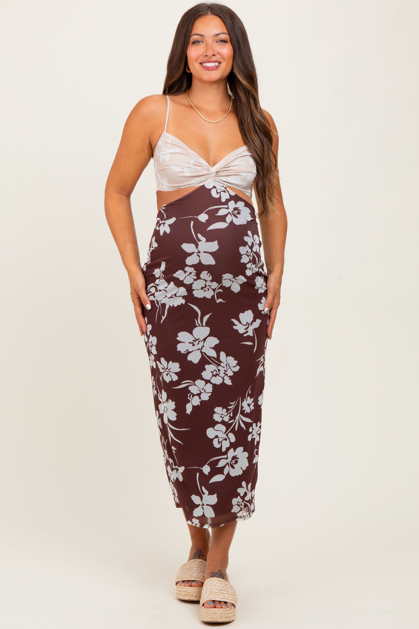 Brown Colorblock Floral Cutout Sleeveless Maternity Maxi Dress