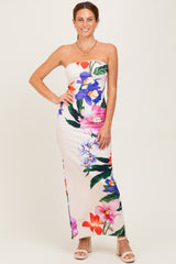 Peach Tropical Floral Strapless Maternity Maxi Dress