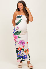 Peach Tropical Floral Strapless Maternity Maxi Dress