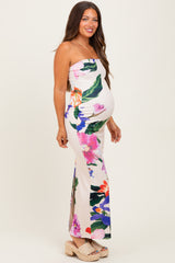 Peach Tropical Floral Strapless Maternity Maxi Dress
