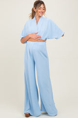 Blue Crop Blouse Wide Leg Pant Maternity Set