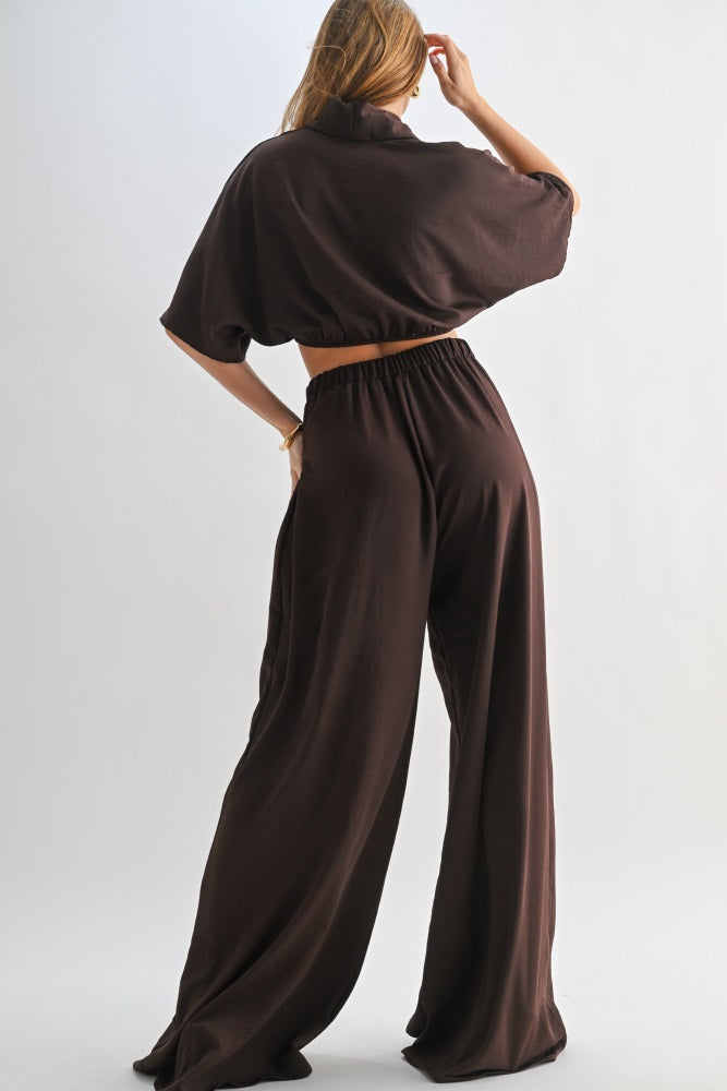 Brown Crop Blouse Wide Leg Pant Set