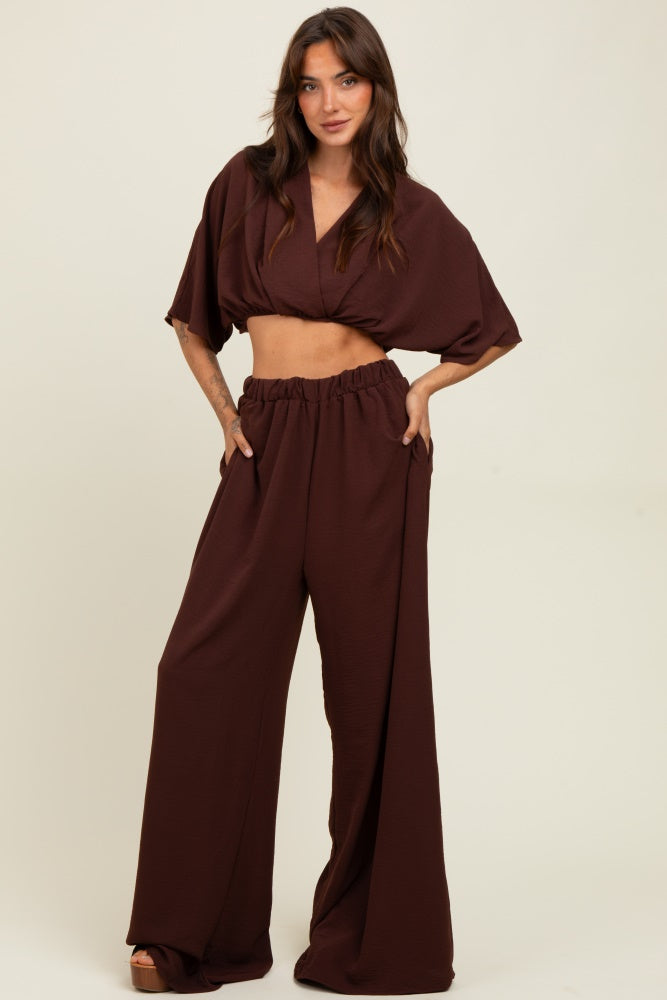 Brown Crop Blouse Wide Leg Pant Set