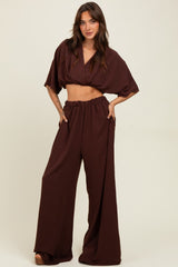 Brown Crop Blouse Wide Leg Pant Set
