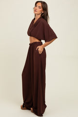 Brown Crop Blouse Wide Leg Pant Set