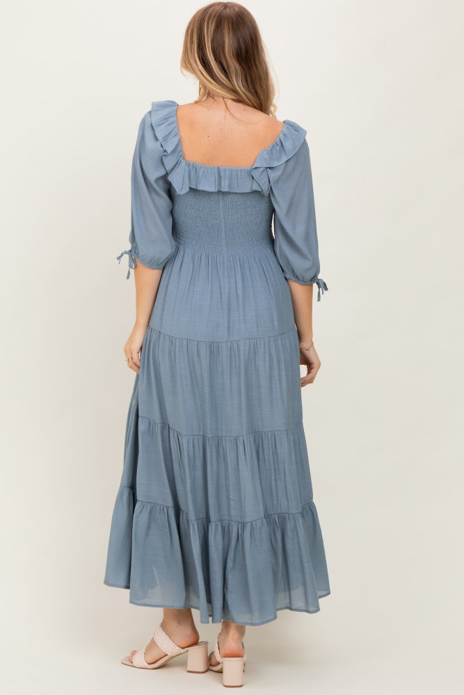 Light Blue Smocked Ruffle Detail Tiered Midi Dress