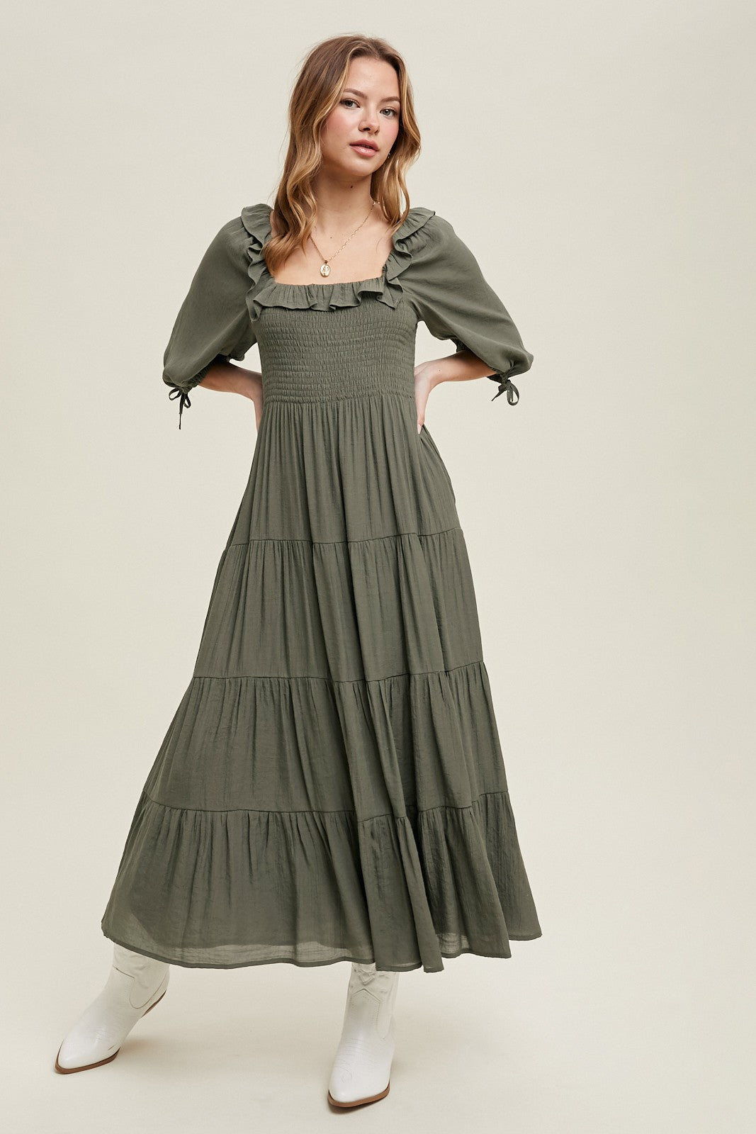 Olive Smocked Ruffle Detail Tiered Maternity Midi Dress