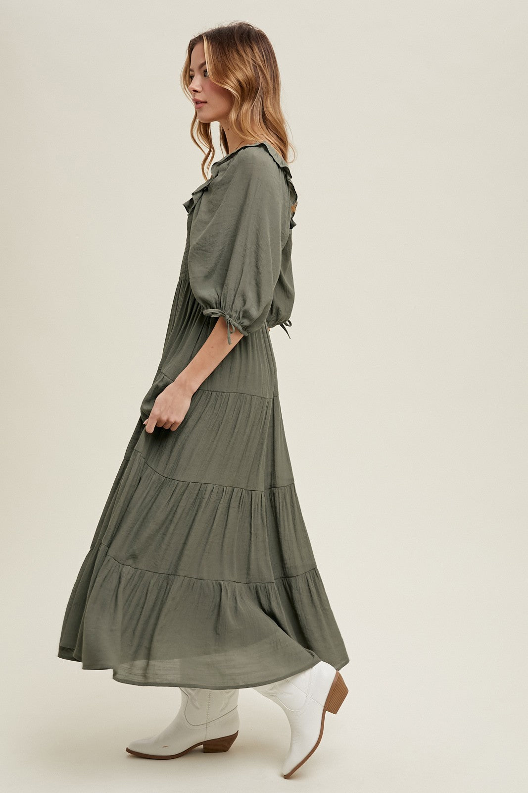 Olive Smocked Ruffle Detail Tiered Midi Dress