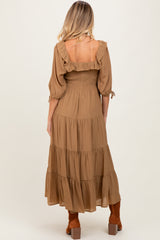 Mocha Smocked Ruffle Detail Tiered Maternity Midi Dress