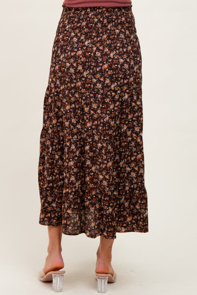 Brown Floral Smocked Waist Maternity Maxi Skirt
