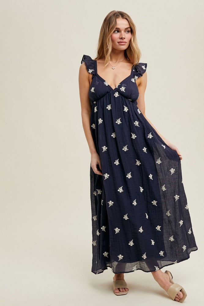 Navy Floral Embroidered V-Neck Maternity Midi Dress
