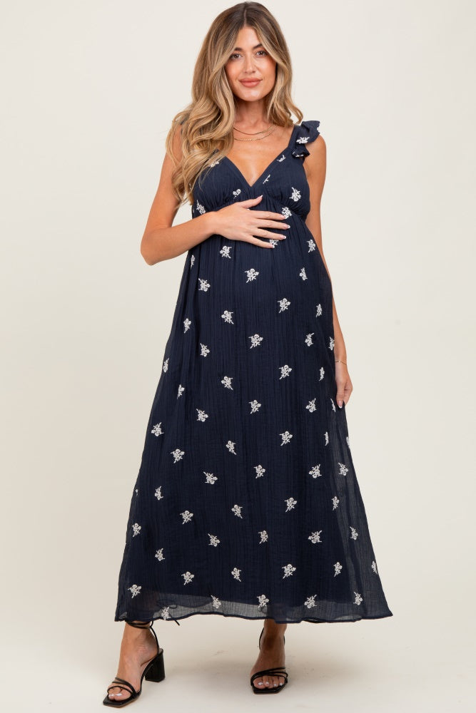 Navy Floral Embroidered V-Neck Maternity Midi Dress