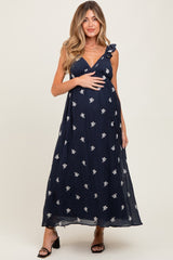 Navy Floral Embroidered V-Neck Maternity Midi Dress