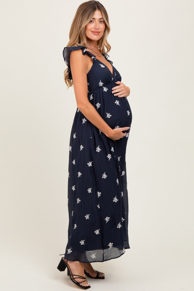 Navy Floral Embroidered V-Neck Maternity Midi Dress