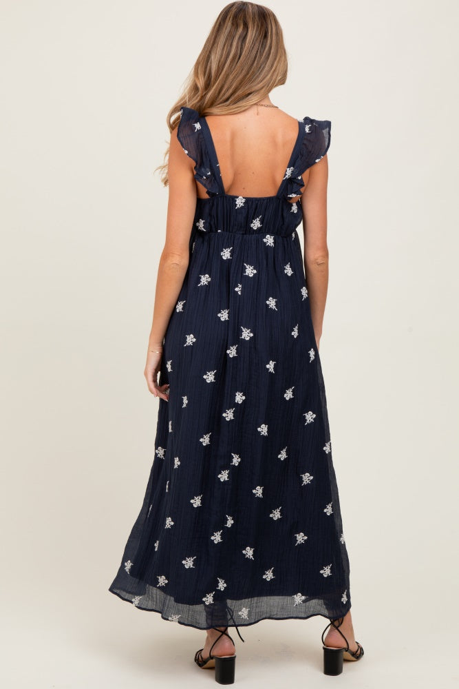 Navy Floral Embroidered V-Neck Maternity Midi Dress