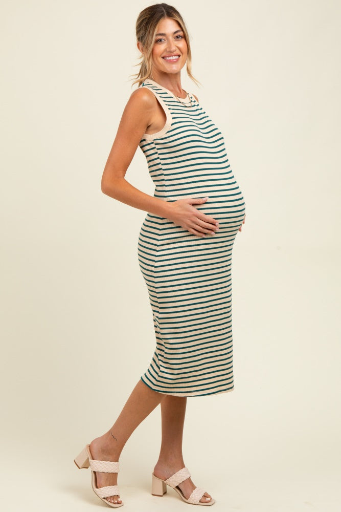 Deep Teal Striped Ribbed Knit Sleeveless Maternity Midi Dress