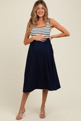 Navy Striped Fit And Flare Sleeveless Maternity Midi Dress