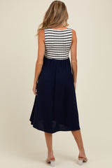 Navy Striped Fit And Flare Sleeveless Maternity Midi Dress