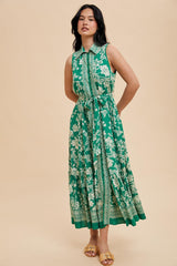 Green Floral Border Print Lapel Button Down Maxi Dress