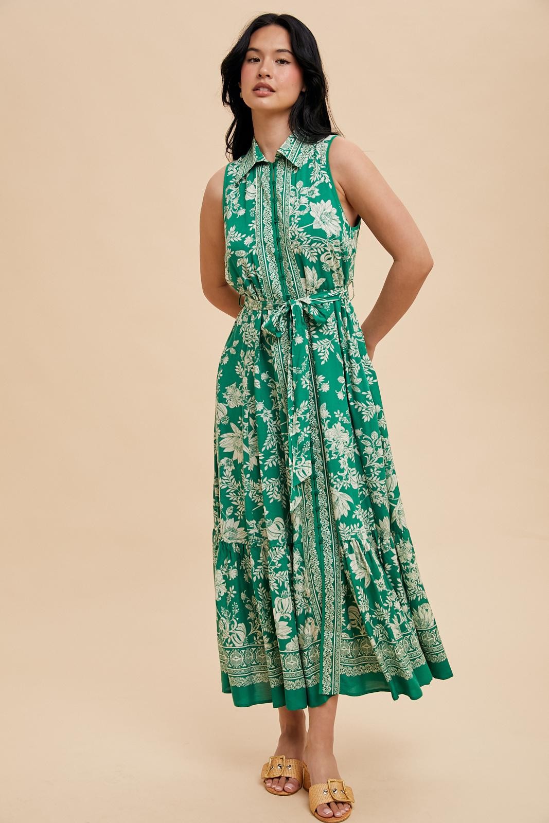 Green Floral Border Print Lapel Button Down Maternity Maxi Dress