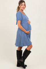 Blue Square Neck Puff Sleeve Rib Babydoll Maternity Dress