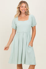 Sage Square Neck Puff Sleeve Rib Babydoll Maternity Dress