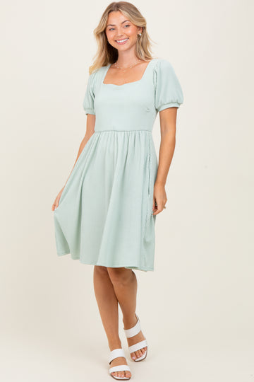Sage Square Neck Puff Sleeve Rib Babydoll Dress