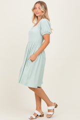 Sage Square Neck Puff Sleeve Rib Babydoll Dress