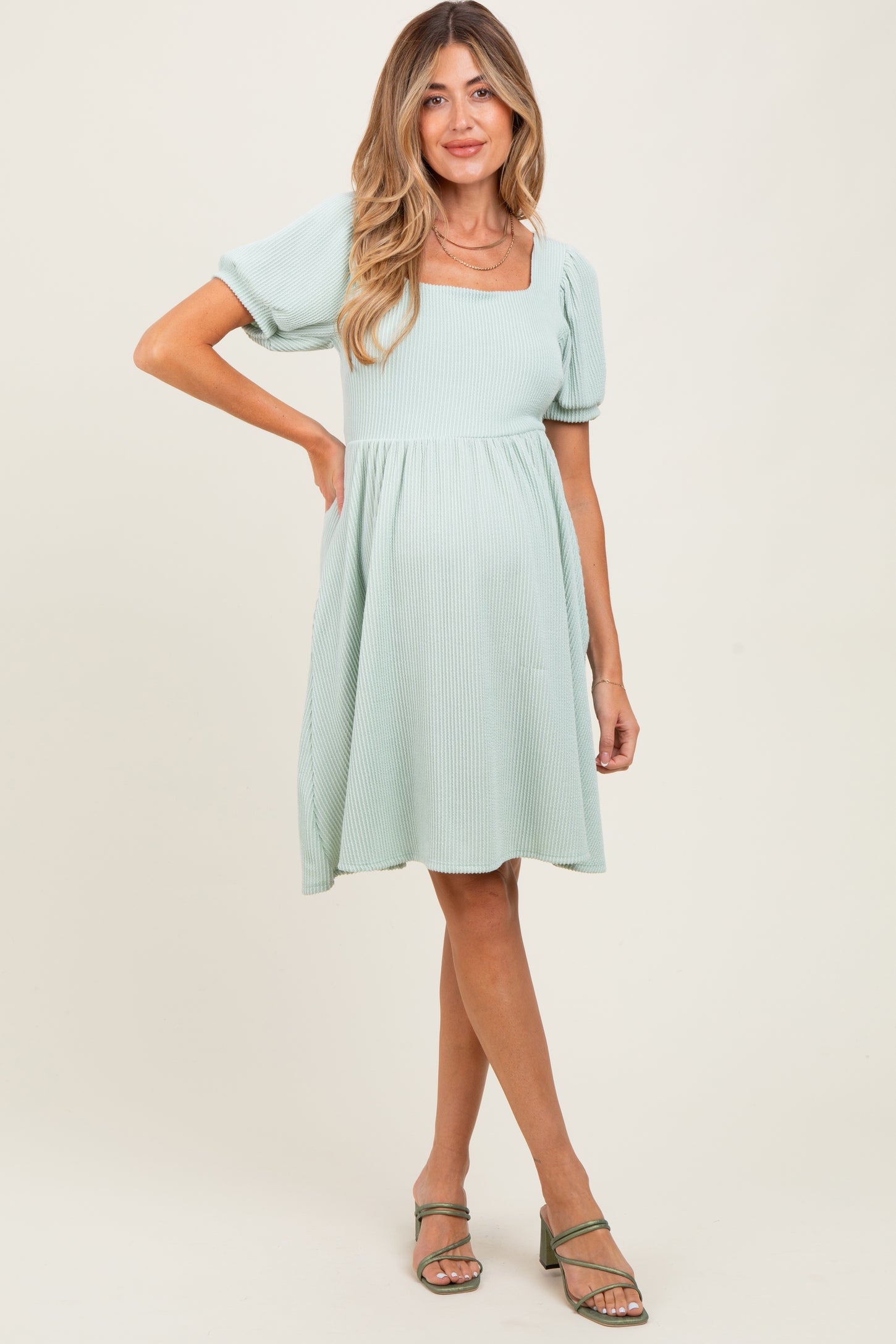Sage Square Neck Puff Sleeve Rib Babydoll Maternity Dress