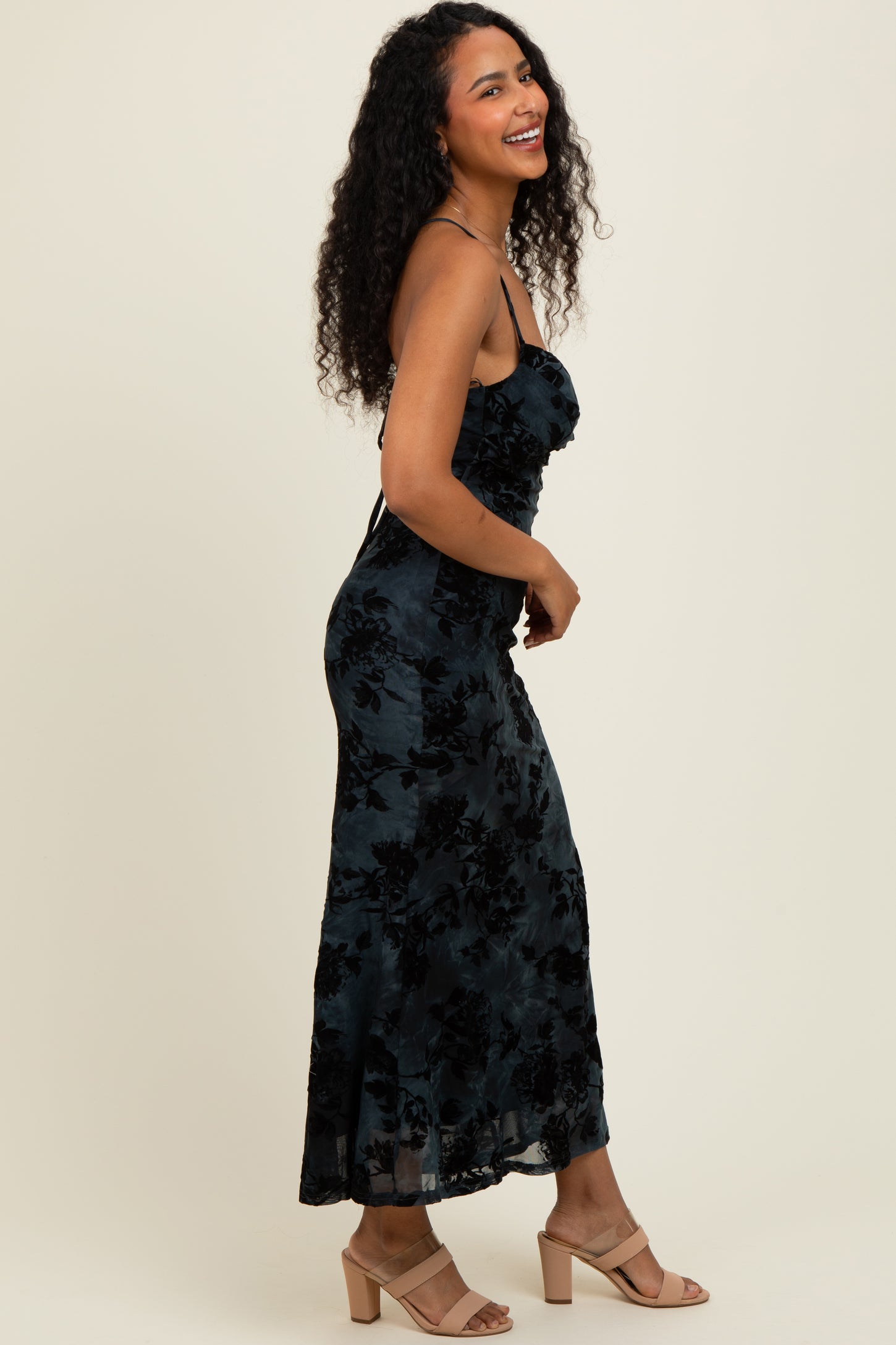 Charcoal Mesh Floral Overlay Midi Dress